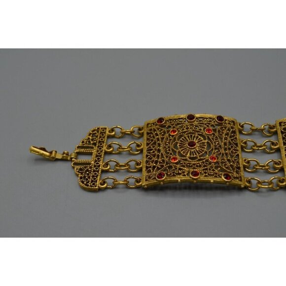 Filigree Panel Bracelet Gold Tone Red Stone Accents 8" Ornate Wide - Picture 5 of 12